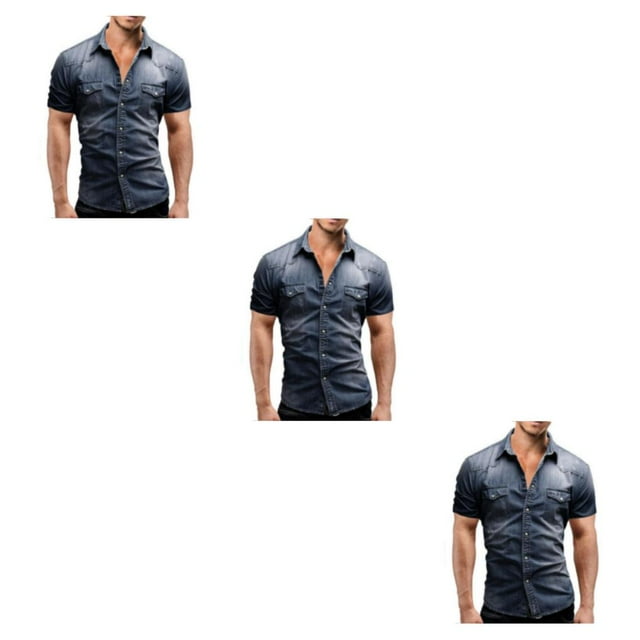 Sonducket Camisa vaquera fina de verano para hombre, camiseta de manga corta ajustada con bolsillos, ropa informal de moda, camiseta de vaquero, Type1 NO1