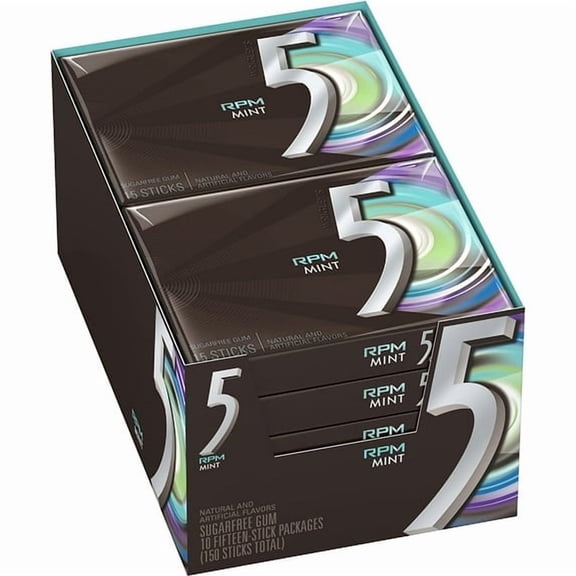 WRIGLEY’S 5 RPM MINT GUM — 15 STICKS PER PACK — 10 PACK VALUE BOX — LONG-LASTING COOLING MINT FLAVOR SUGAR-FREE CHEWING GUM
