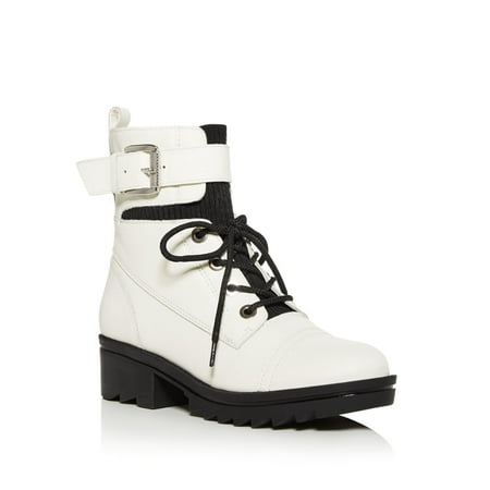 

MARC FISHER Womens White Lace-Up Stretch 1 Platform Buckle Accent Treaded Bristyn Round Toe Block Heel Zip-Up Leather Combat Boots 8.5 M
