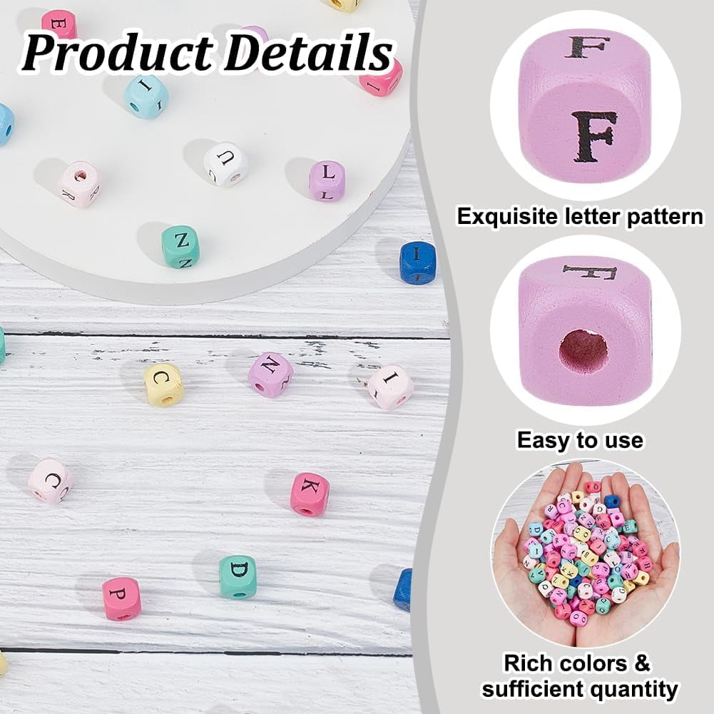 Wood Printed Beads Horizontal Hole Dyed Cube with Initial Letter Mixed Color 10x10x10mm Hole: 3~4mm 1060pcs/500g