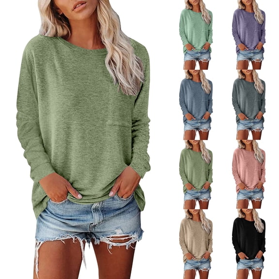 Endives Women's Long Sleeve Shirt Spring Basic Tee Round Neck Split Casual Loose Top T Shirt Outerwear T-Shirt with Pocket Spring Light Blue