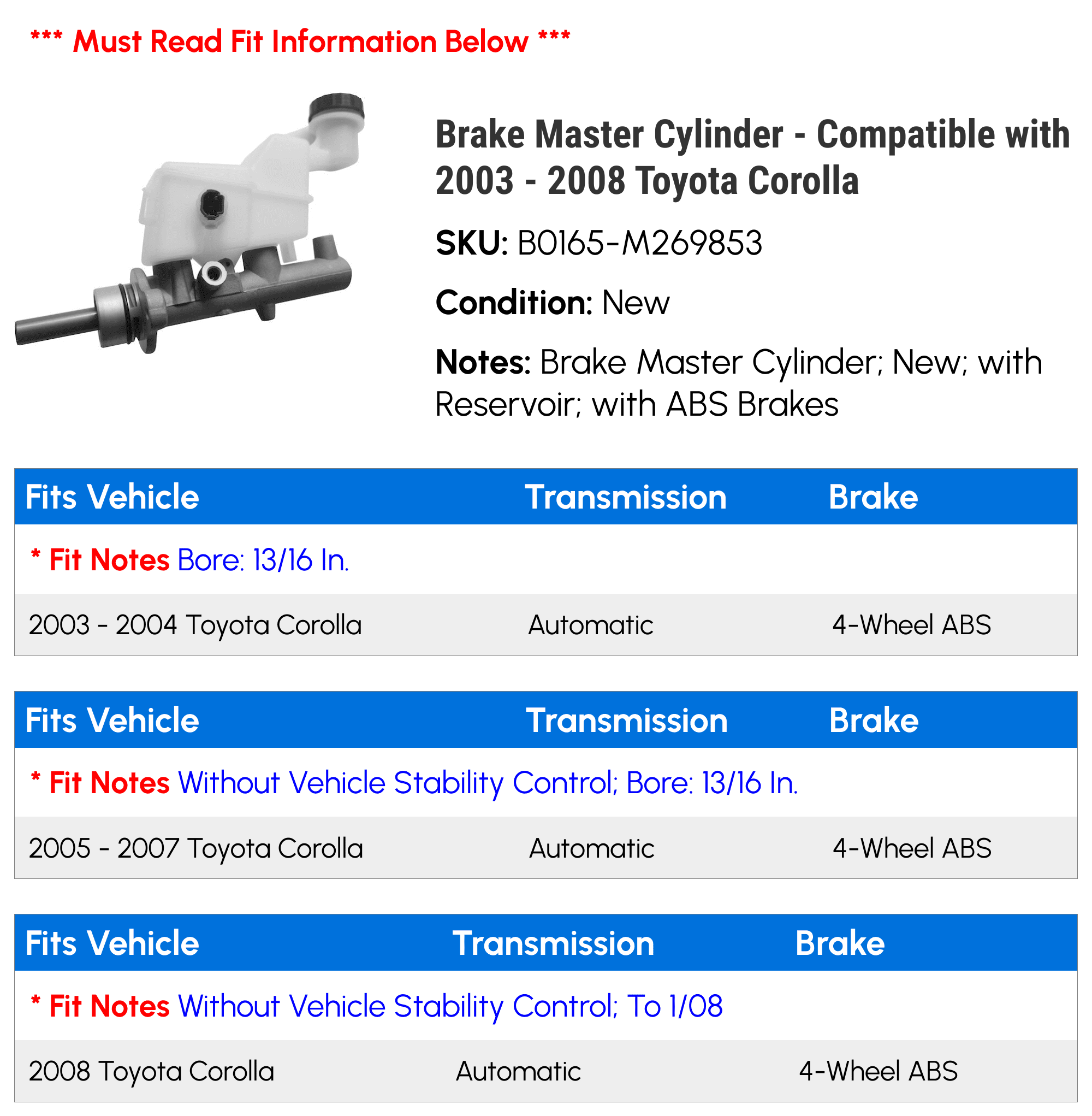 Brake Master Cylinder - Compatible with 2003 - 2008 Toyota Corolla 2004 2005 2006 2007