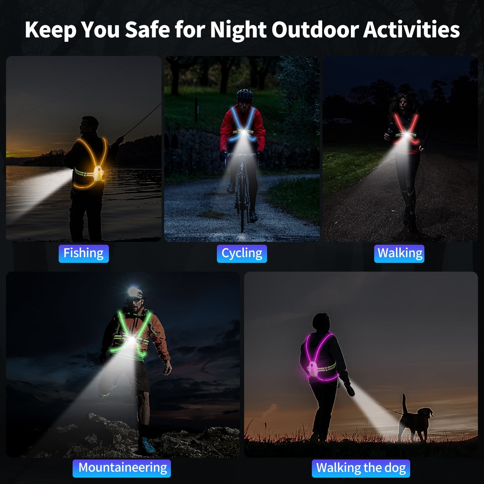 MoKo LED Reflective Running Vest High Visibility Warning Lights for Runners Adjustable Belt Safety Gear for Men Women Night Running, Walking, Cycling, Biking