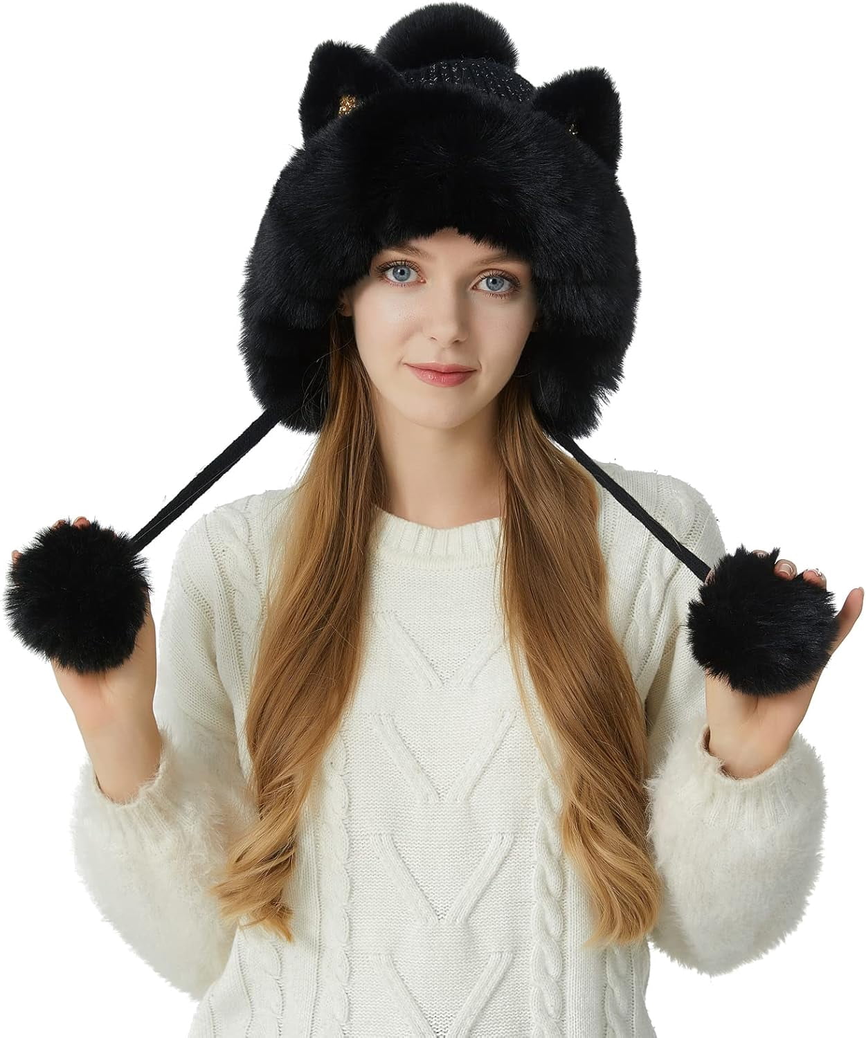 Women Winter Cover Ears Beanie Hat Ear Flaps Ski Snow Hats Knit Fleece Lined 3 Pom Pom