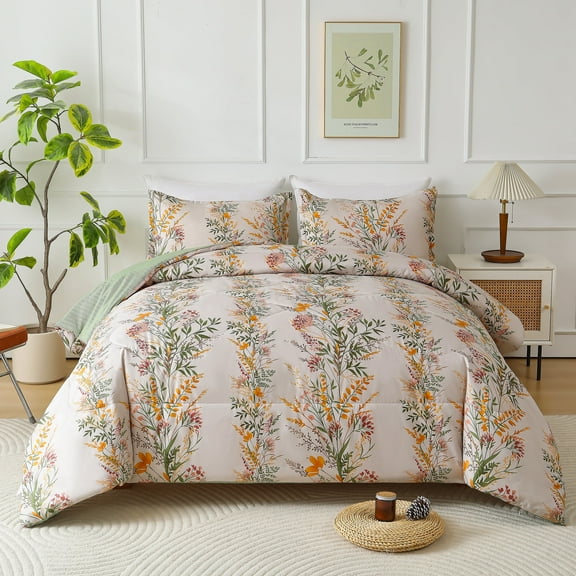 HGmart Yellow Green Floral Fragments Twin 2 Piece Comforter Set, Microfiber Filling, Luxury Soft Breathable Bed Set for All Seasons