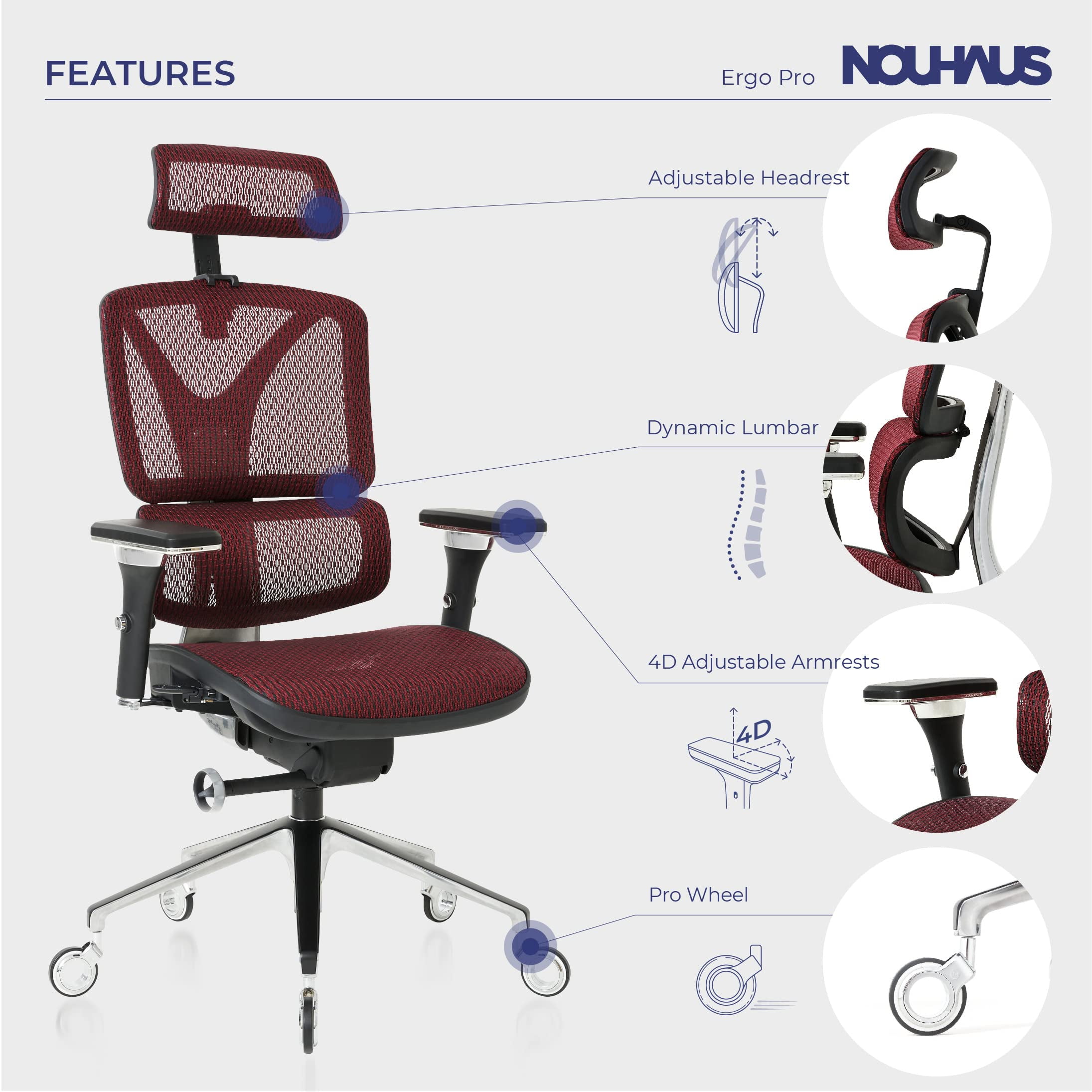 NOUHAUS ErgoPRO Mesh Ergonomic Swivel Office Chair with Adjustable Armrests, Lumbar Support, Headrest  for Home Office , Burgundy