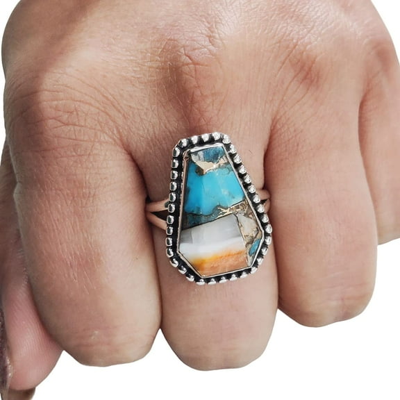 Oyster Copper Turquoise Ring, Natural Turquoise Ring, December Birthstone, Womens Ring, Coffin Ring, 925 Sterling Silver, Christmas, Handmade, Statement Jewelry, Coffin Shape Gemstone Ring