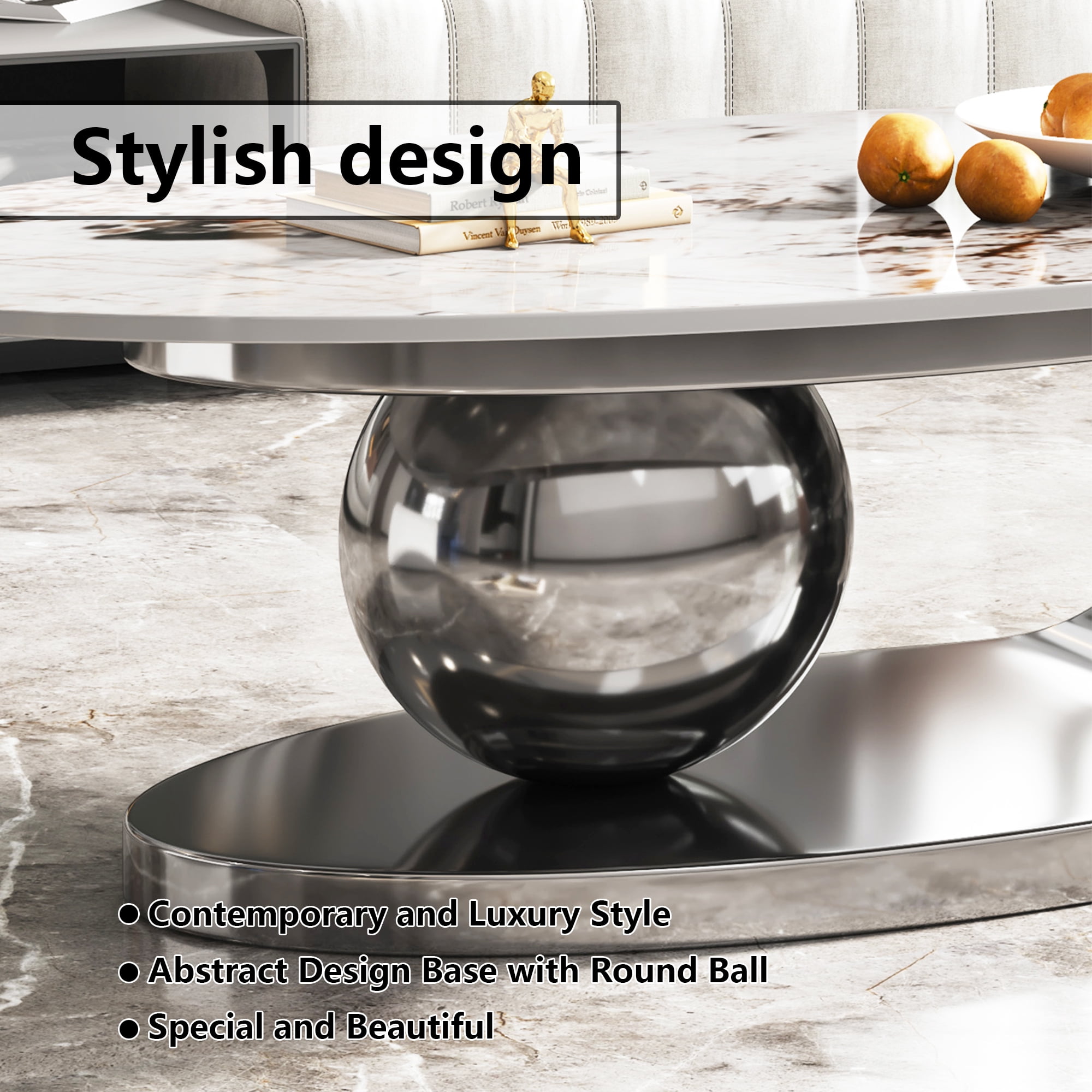 MDQMD Oval Coffee Table with Faux Marble Top Gray Steel Base Modern Minimalist Living Room Table  Storage Shelf Central Ball Support Design  Gray Marble Space-Saving Center Table