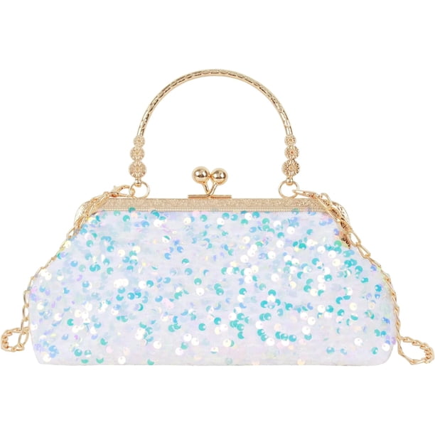 LHSHID Women Mini Glitter Sequin Evening Handbag Clutch Metal Top-handle Bag Chain Strap Cross-body Bag