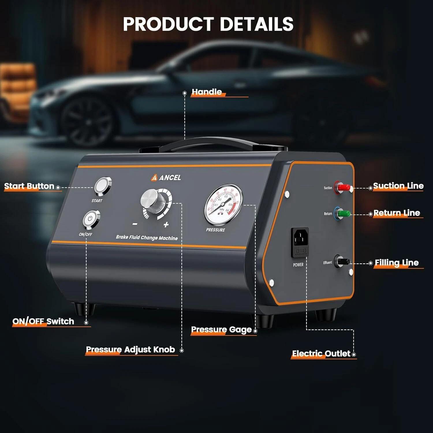ANCEL Car Brake Fluid Bleeder, Electric Brake Fluid Oil Exchange Pressure Pump, Auto Vacuum Adjustable Pressure Pump Bleeding Machine Kit with Low Fluid Protection & External Fuse