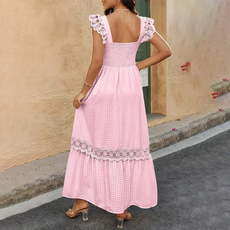 LADIGASU Women's Sexy Solid Lace Sleeveless Pleated Dresses Long Dress Midi  Maxi Dresses Elastic Waist Boho Beach Dress Pockets - Walmart.com