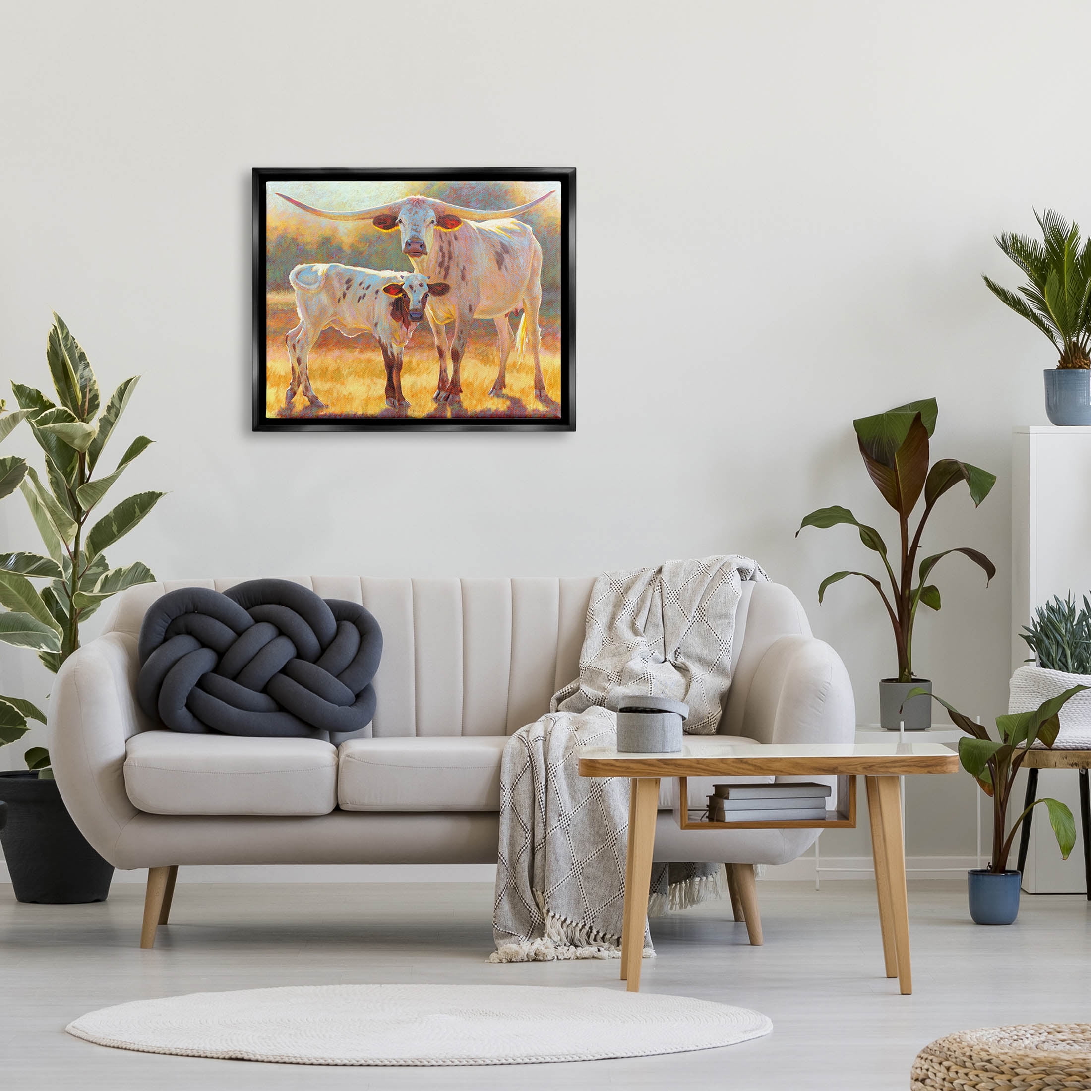 Longhorn & Calf Standing Farm Field Animals & Insects Painting Jet Black Framed Art Print Wall Art