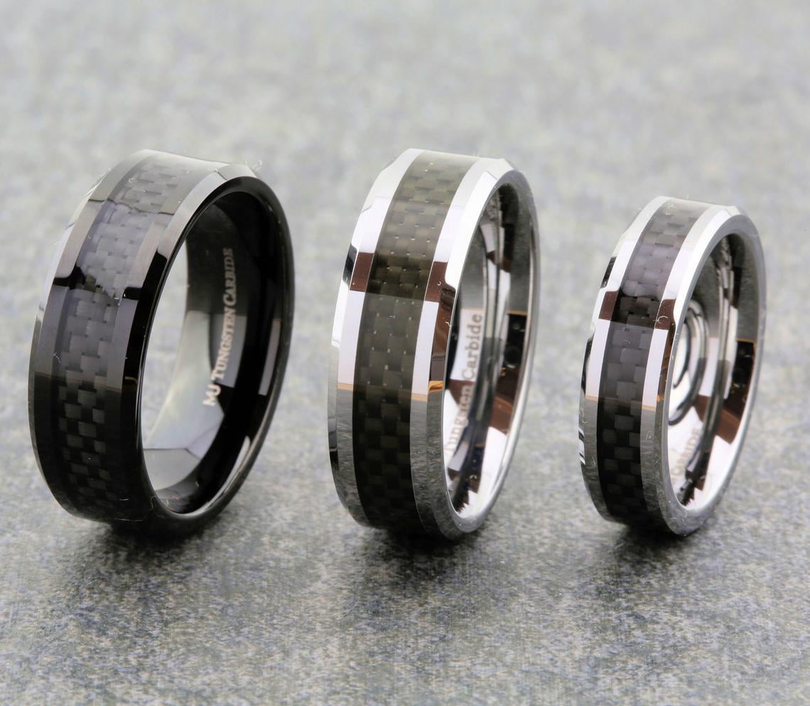 Forever Flawless Jewelry 8mm High Polish Black Carbon Fiber Inlay Tungsten Carbide Wedding Band