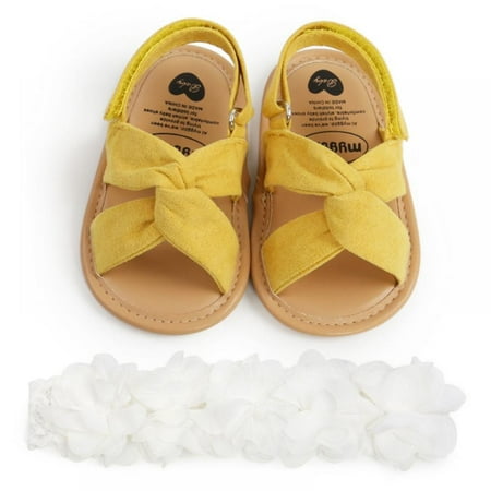 

Infant Baby Girls Summer Sandals with Flower Soft Sole Newborn Toddler First Walker Crib Dress Shoes + Headband 0-18Months