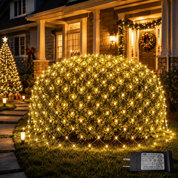Varyoo Warm White Net Lights, 192 LED 9.8 ft x 6.6 ft 8 Modes Christmas Lights Outdoor Clear Wire
