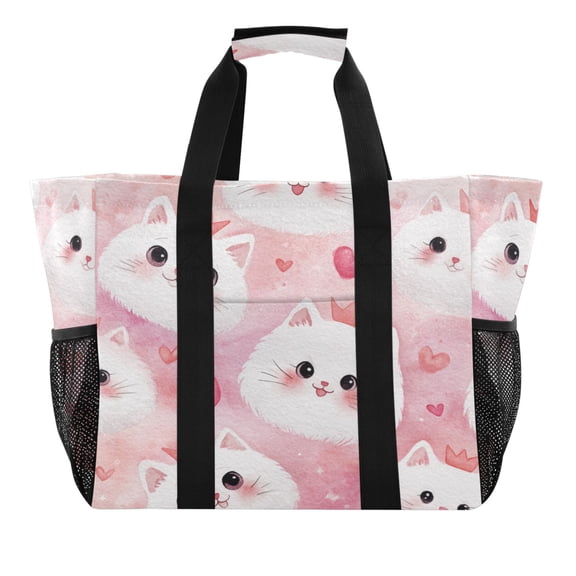 Large-capacity handheld storage bag Thickened picnic travel bag oversized clothing luggage organizing bag Cat Faces and Pink Hearts