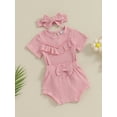 thumbnail image 3 of CIYCuIT Baby Girls Casual Shorts Sets Solid Color Short Sleeve Ruffles Romper + Elastic Waist Shorts + Bow Headband 3M 6M 12M 18M Infant Toddler Cute Summer 3Pcs Outfits, 3 of 9