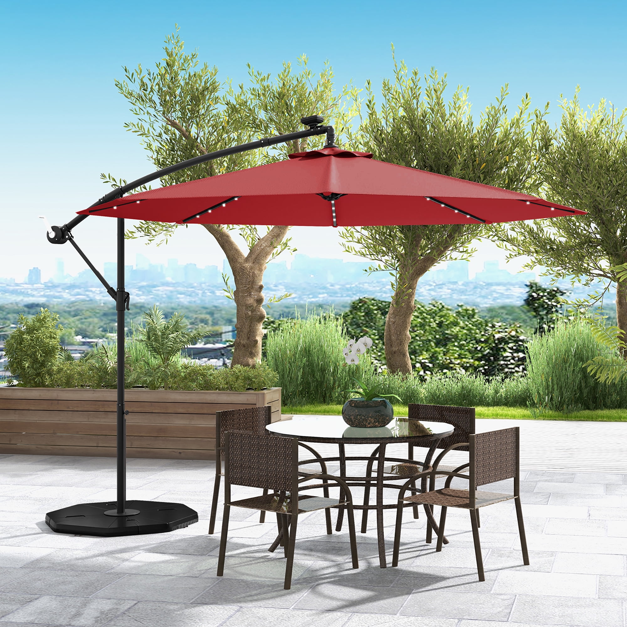 Gymax 10ft Solar Patio Umbrella Outdoor Offset Hanging Umbrella w/ 40 LED Lights Red