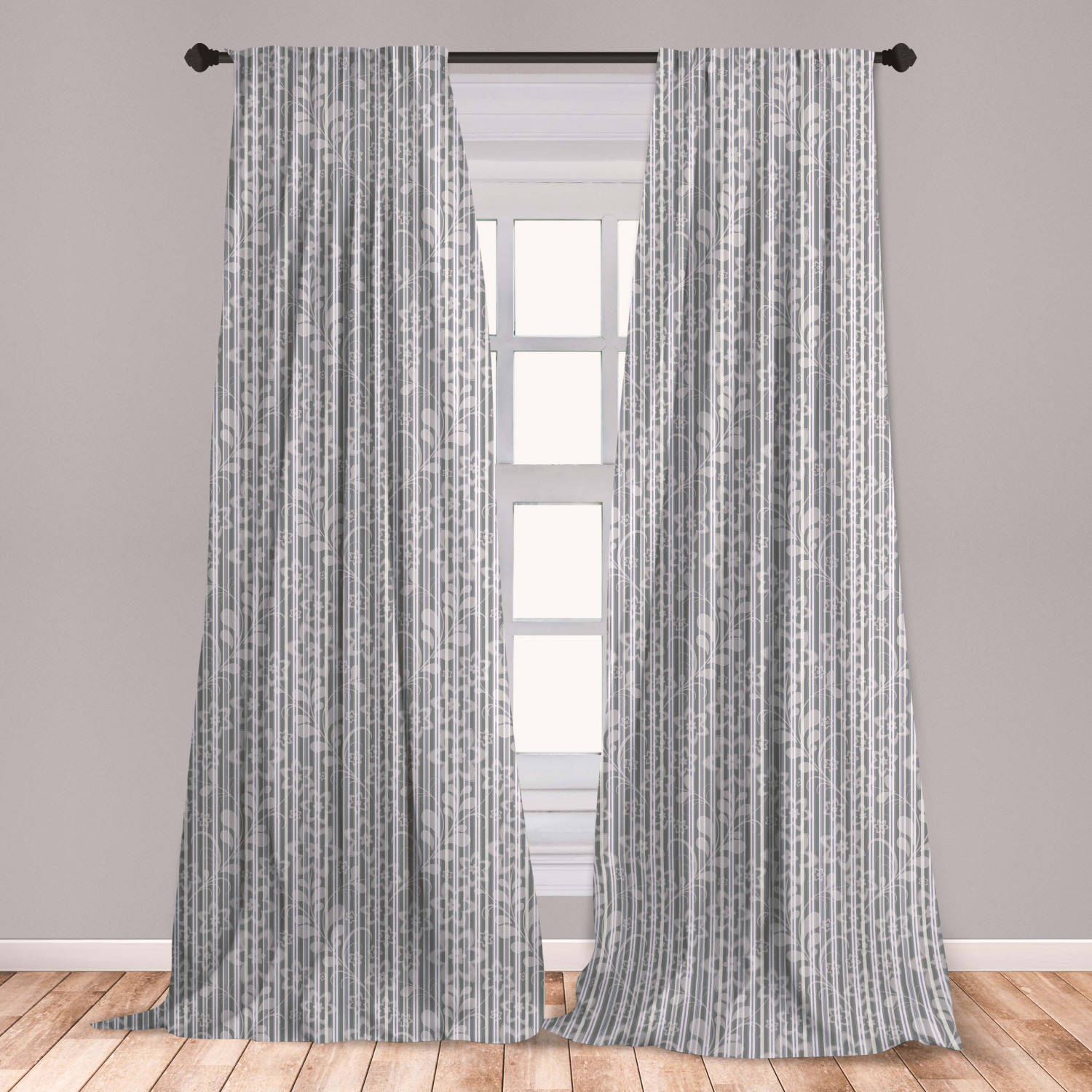 Grey and White Curtains 2 Panels Set, Floral Petals Branches and Leaves