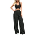 thumbnail image 2 of Bloomae Two Piece Sets for Women Summer Sleeveless Ruched Button Down V Neck Cropped Tank Tops and Elastic Waist Wide Leg Pants with Pockets Matching Sets Black S, 2 of 8