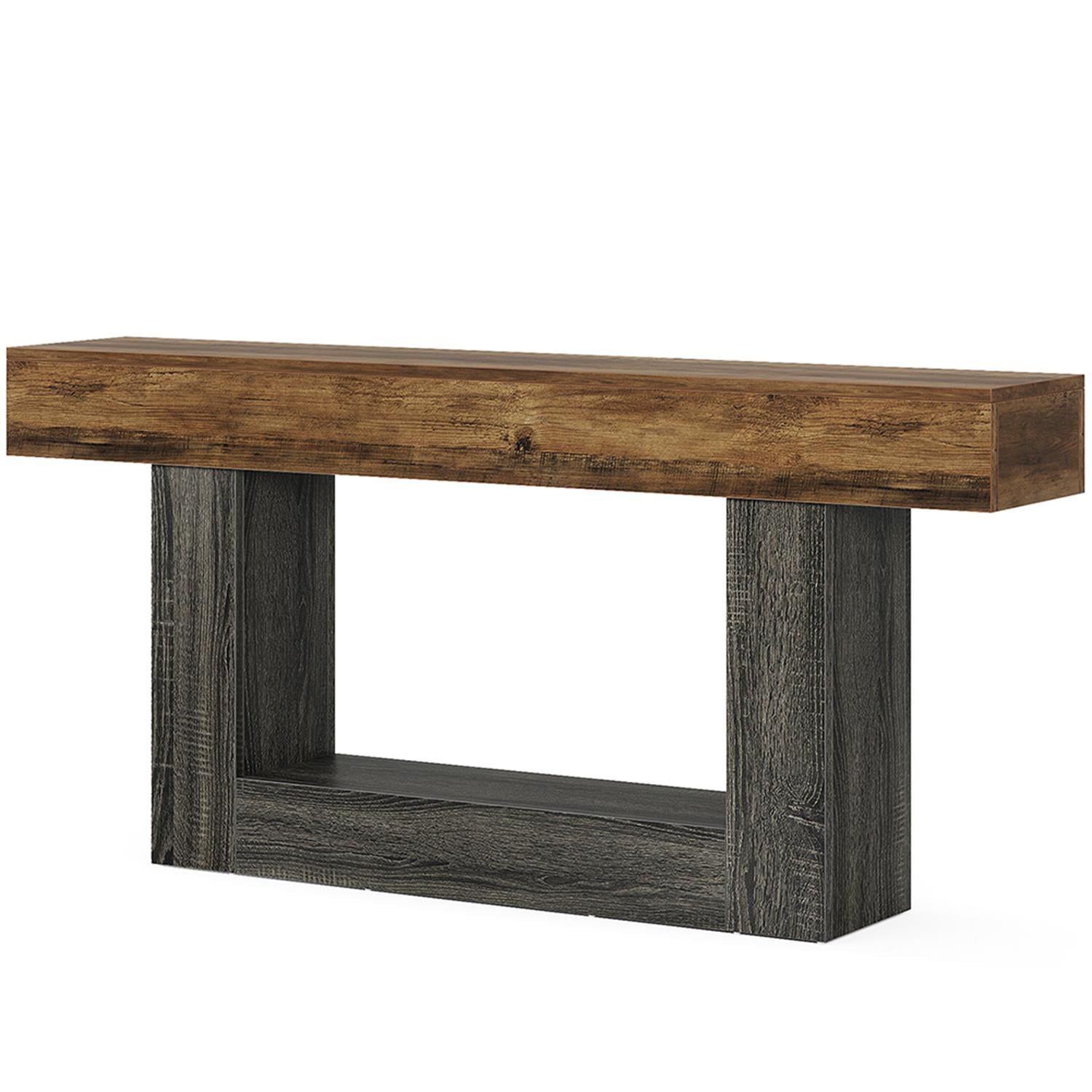 Demi Bonn 63" Wood Console Table, Farmhouse 2-Tier Sofa Table Entryway Table, Foyer Display Table, Brown + Gray