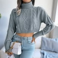 thumbnail image 4 of Women'S Cropped Turtle-Neck Sweater Knitted Pullover Sweaters Long Sleeve Crew Neck Jumper Tops Grey S, 4 of 8