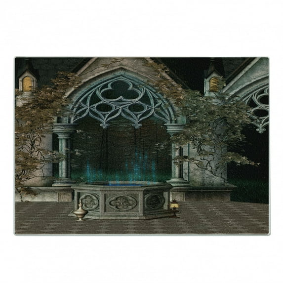 Gothic Cutting Board, Patio with Enchanted Wishing Well Ivy on Antique Gateway to Forest, Decorative Tempered Glass Cutting and Serving Board, Small Size, Grey Teal, by Ambesonne