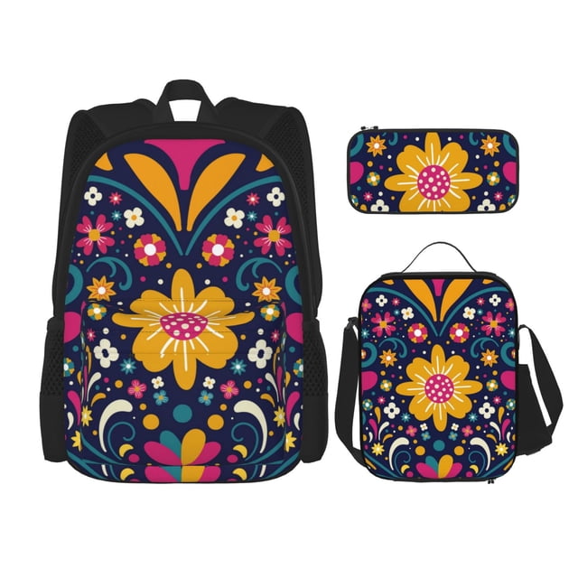 Balery Cinco De Mayo Floral Mochila Escolar 3 en 1 para Niños - Mochila Resistente con Lonchera Térmica y Estuche - Mochila Escolar para Niños y Niñas