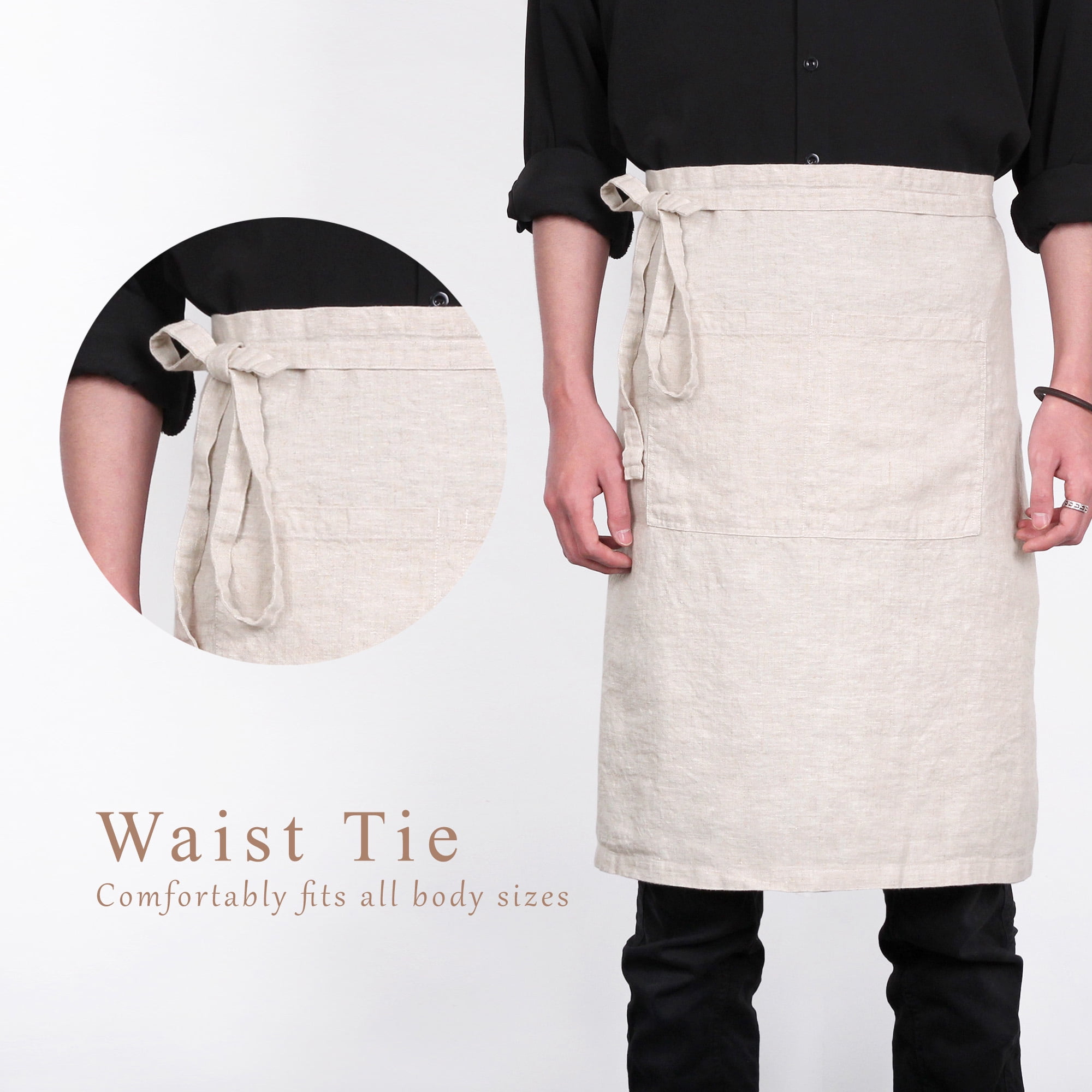 100% Linen Bistro Apron with Pockets 25x35 inch - Unisex Half Apron - Natural