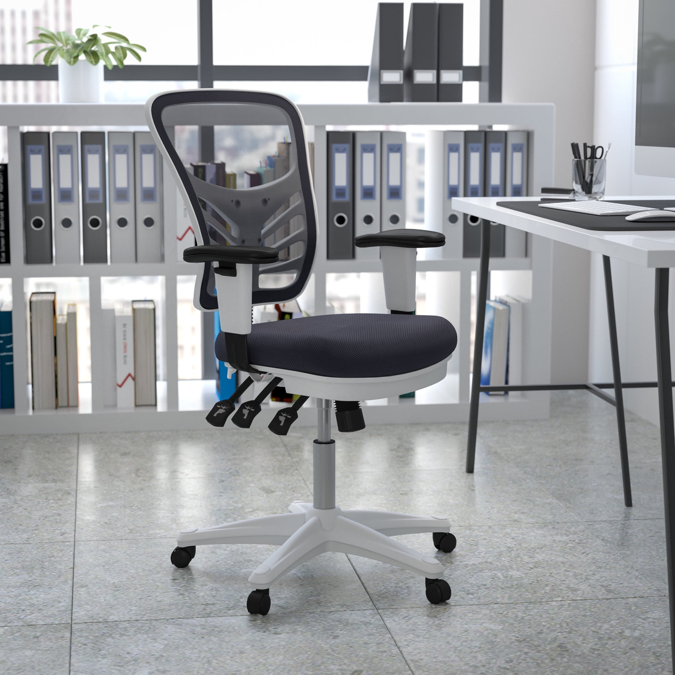 Flash Furniture Nicholas Mid-Back Dark Gray Mesh Multifunction Executive Swivel Ergonomic Office Chair with Adjustable Arms and White Frame