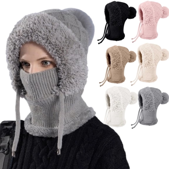 3 in 1 Beanie Hat for Women, Balaclava Winter Knitted Hooded Hat Scarf Ear Face Cover Plush Lined Thickened Windproof,Gray