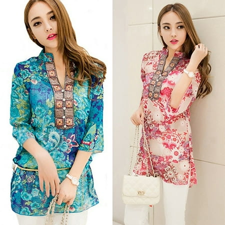 Korean Style Trendy Fashion - ZeAofa Women's Fashion Summer Korean Style Ethnic Loose Chiffon Blouse T-shirt