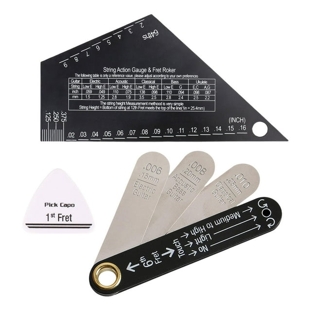 Bunblic 3-Piece Guitar String Action Gauge (for Measuring String Height), Professional Instrument Building Tool, Pick Capo (for Electric Bass Guitar), Easy to Style A