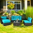 thumbnail image 4 of Patiojoy 6PCS Rattan Patio Furniture Set Cushioned Sofa Chair Ottoman Turquoise, 4 of 10