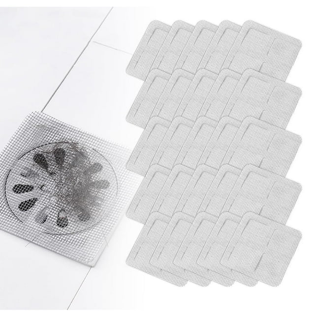 Fiudx Recogedor de Pelo Desechable, 100 Pegatinas de Malla para Ducha, Fibra de Vidrio, Eficaz Trampa para Pelo y Residuos, Protector de Desagüe Impermeable, para Baño y Cocina, Tamaño 10 X 10 Cm