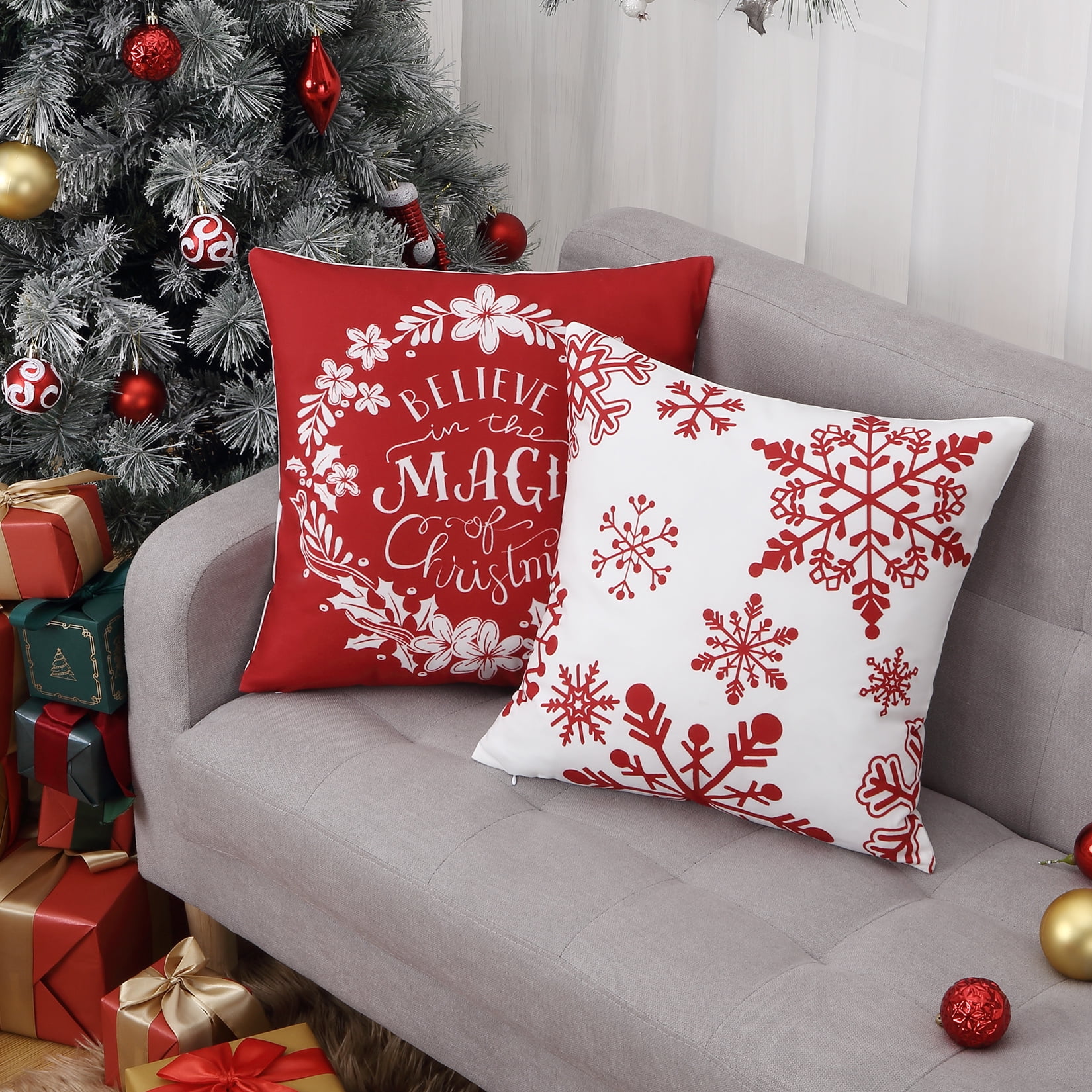  Happy Christmas Star Balls on Xmas Tree Garland Outdoor Pillow  with Insert 1 Pack Waterproof Square Cushion Throw Pillows for Patio Garden  Balcony Sofa Couch Beach Recliners Red Line Linen Texture 