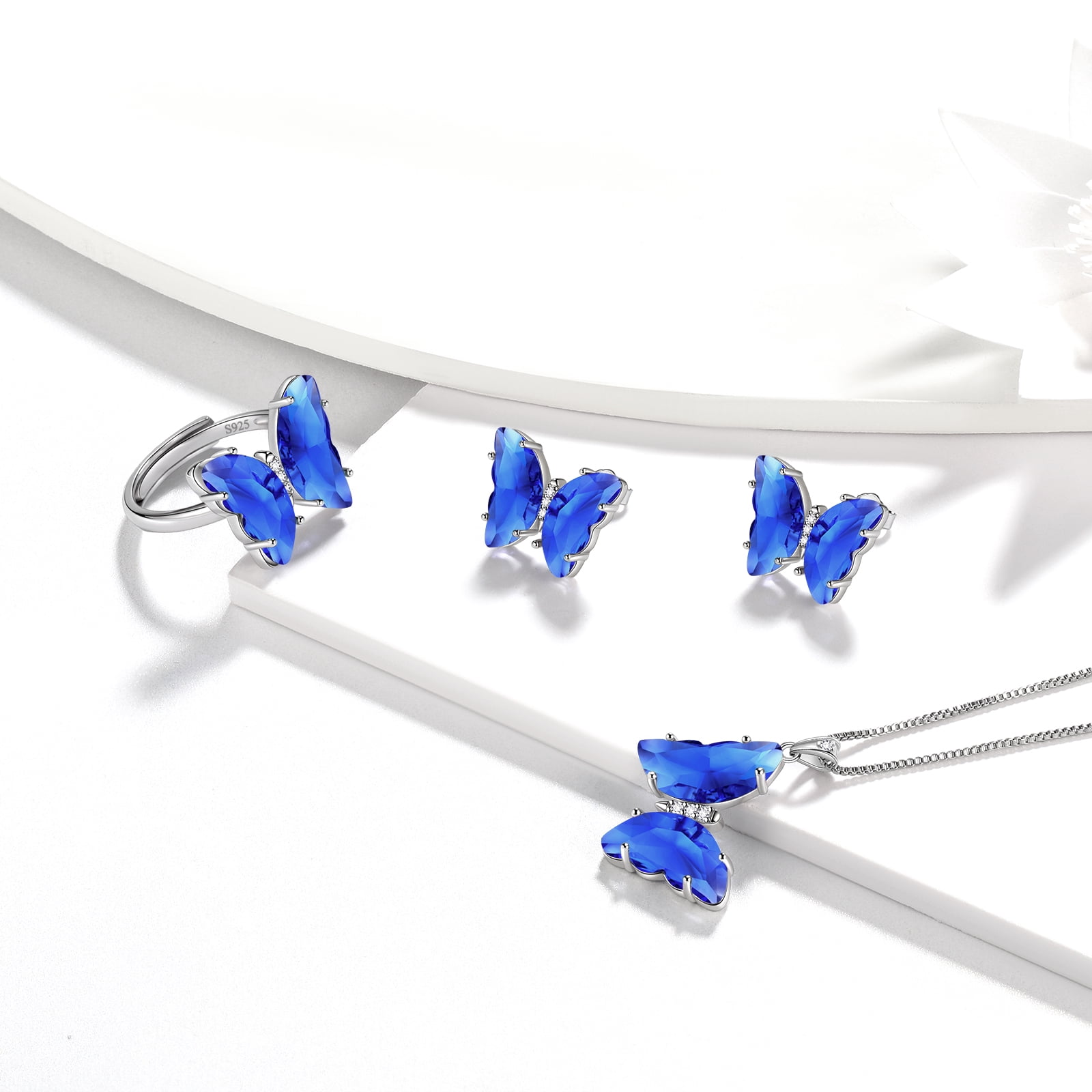 September Birthstone Jewelry Sets Earrings Necklace Ring, Blue Butterfly Jewelry Set Sapphire 925 Sterling Silver Women Birthday Mother's Day Gifts