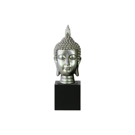 Resin Buddha Head with Pointed Ushnisha on Base Gloss Finish Silver