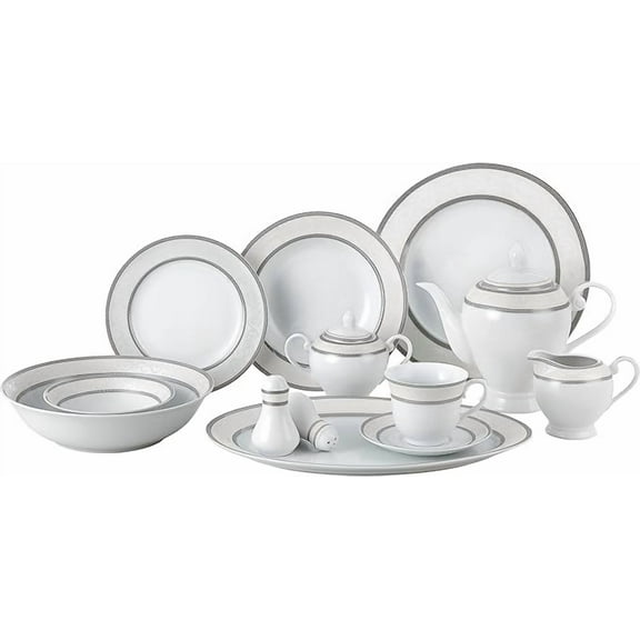 57 Piece Silver Border Dinner Set Service for 8 – Includes Plates, Bowls, Cups, Saucers, Teapot & Serving Pieces