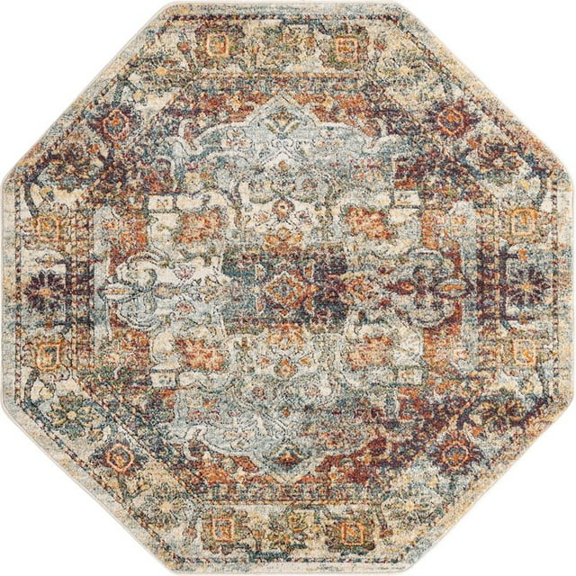 Unique Loom Isabella High-Low Pile Border Rug 5' x 5' Octagon Ivory/Multi