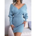 thumbnail image 2 of Women'S Cocktail Knitted Sweater Dress Long Sleeve Batwing Sleeve V-Neck Backless Mini Dress Blue M, 2 of 8