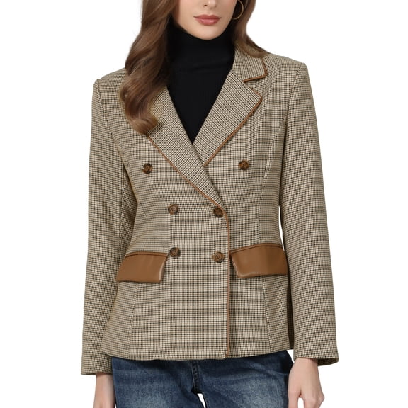 INSPIRE CHIC Women's Plaid Blazer Trendy Casual Houndstooth Double Breasted Suit Jacket S Light Brown