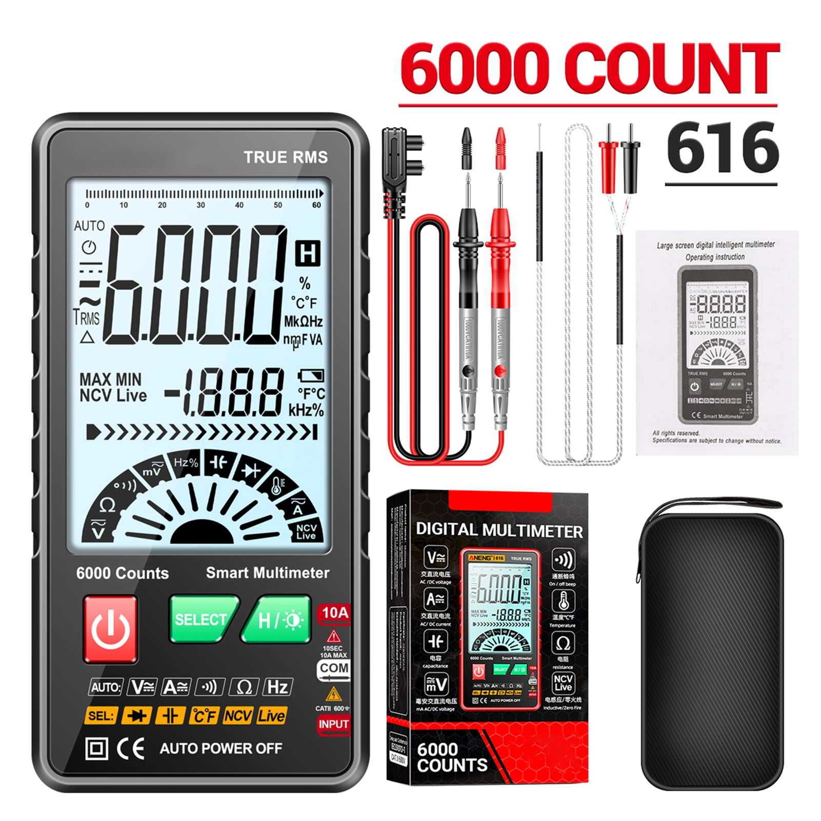 Elowen Multimeter Tester 616 Smart Digital Multimeter Auto Range 6,000 Counts NCV Universal Meter True RMS Handheld Multifunctional Tester Voltmeter Ammeter with Backlight Flashlight AC/DC