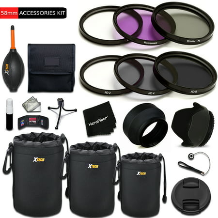 PREMIUM 58mm Accessories KIT includes: 58mm ND Filter KIT (ND2 ND4 ND8) + 3 Piece 58mm Filter Set + 3 Lens Pouch Set + 58mm Hard / Soft Lens Hood + 58mm Lens Cap + Deluxe Cleaning Kit +