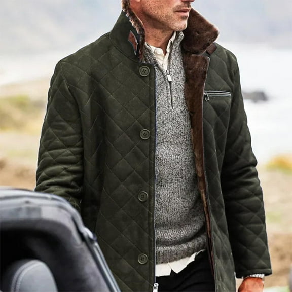 Pejock Men's Hooded Diamond Quilted Jacket, Thick Insulated Lapel Coat with Long Sleeves, Casual Winter Outerwear for Daily Wear