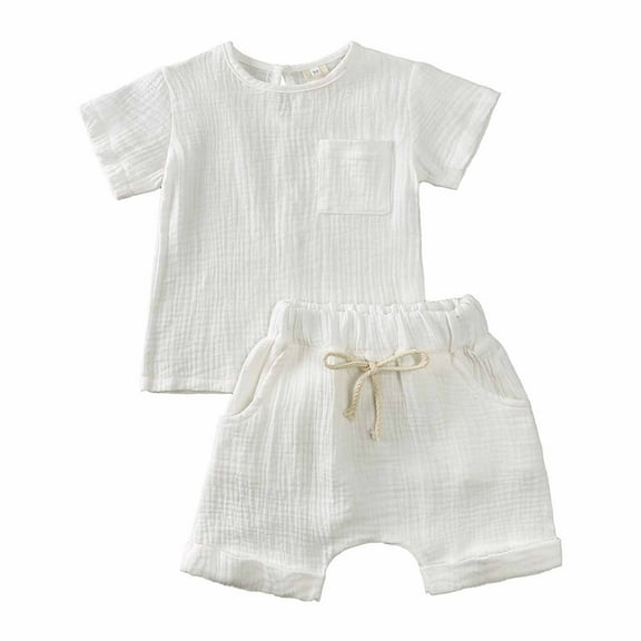 FRSASU Children'S Clothing Summer Crepe Gauze T-Shirt Short Sleeve Shorts with Pocket Two Piece Set Multi-Color Style White 12-24 Months