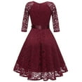thumbnail image 3 of Jdlsppl Women's Midi Lace Dress V Neck Short Illusion Quarter Sleeve Swing Flowy Billowy Pleated Overlay Luxury Formal Dinner Evening Cocktail Party Homecoming Skater Dress Burgundy Small, 3 of 3