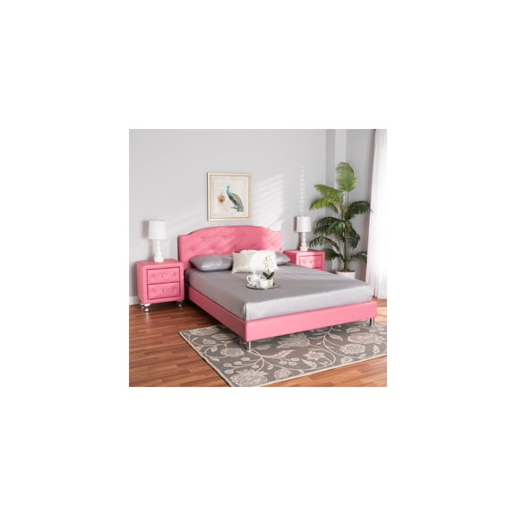 Faux Leather Full Bedroom Set with Nightstands - Pink, 3-Piece
