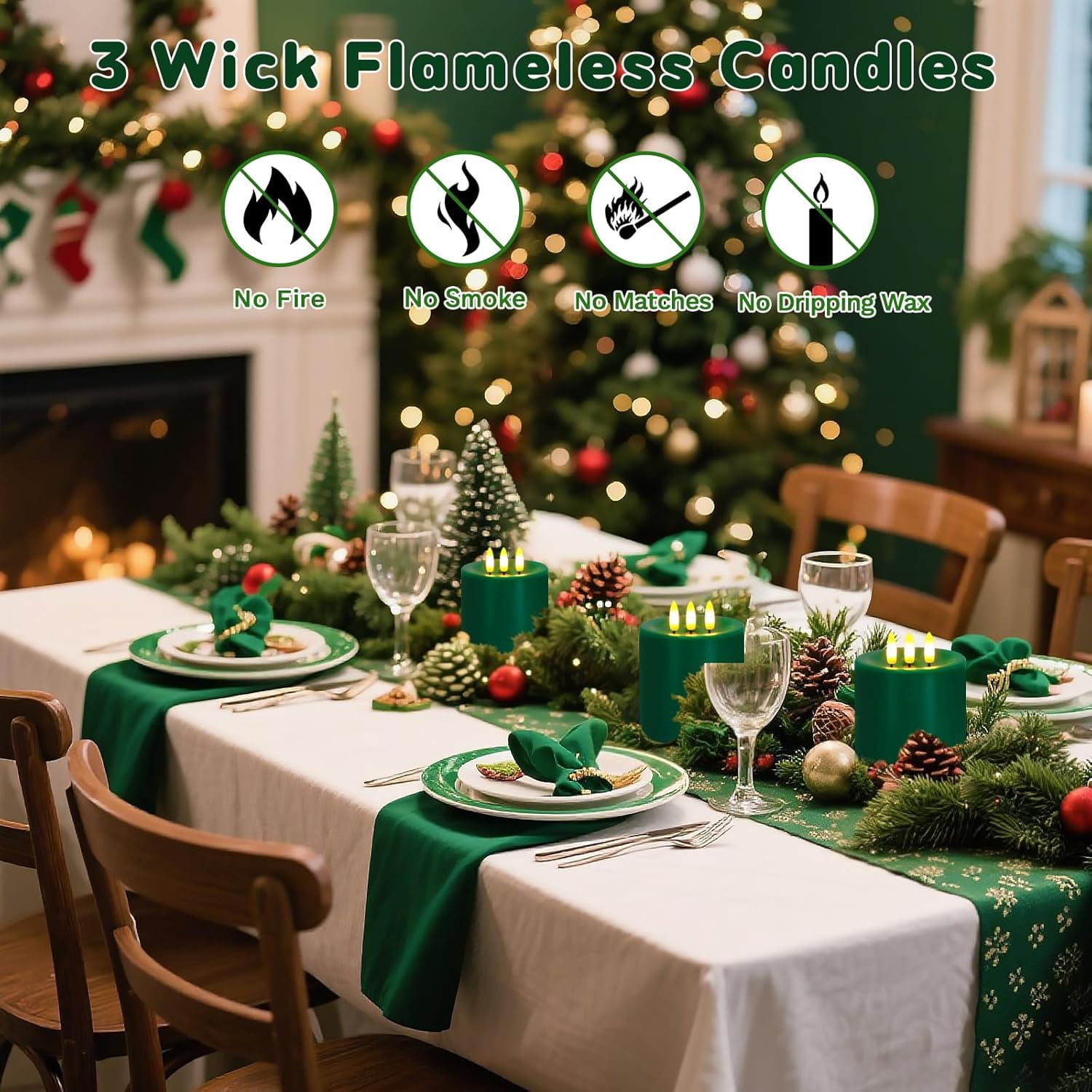 3 Wick Flameless Candles Set of 2, 4"x4" Flickering Large Flameless Candles with Remote & Timer, Dimmable Real Wax Electric Pillar Candles Battery Operated, LED Candles for Home Christmas Decor