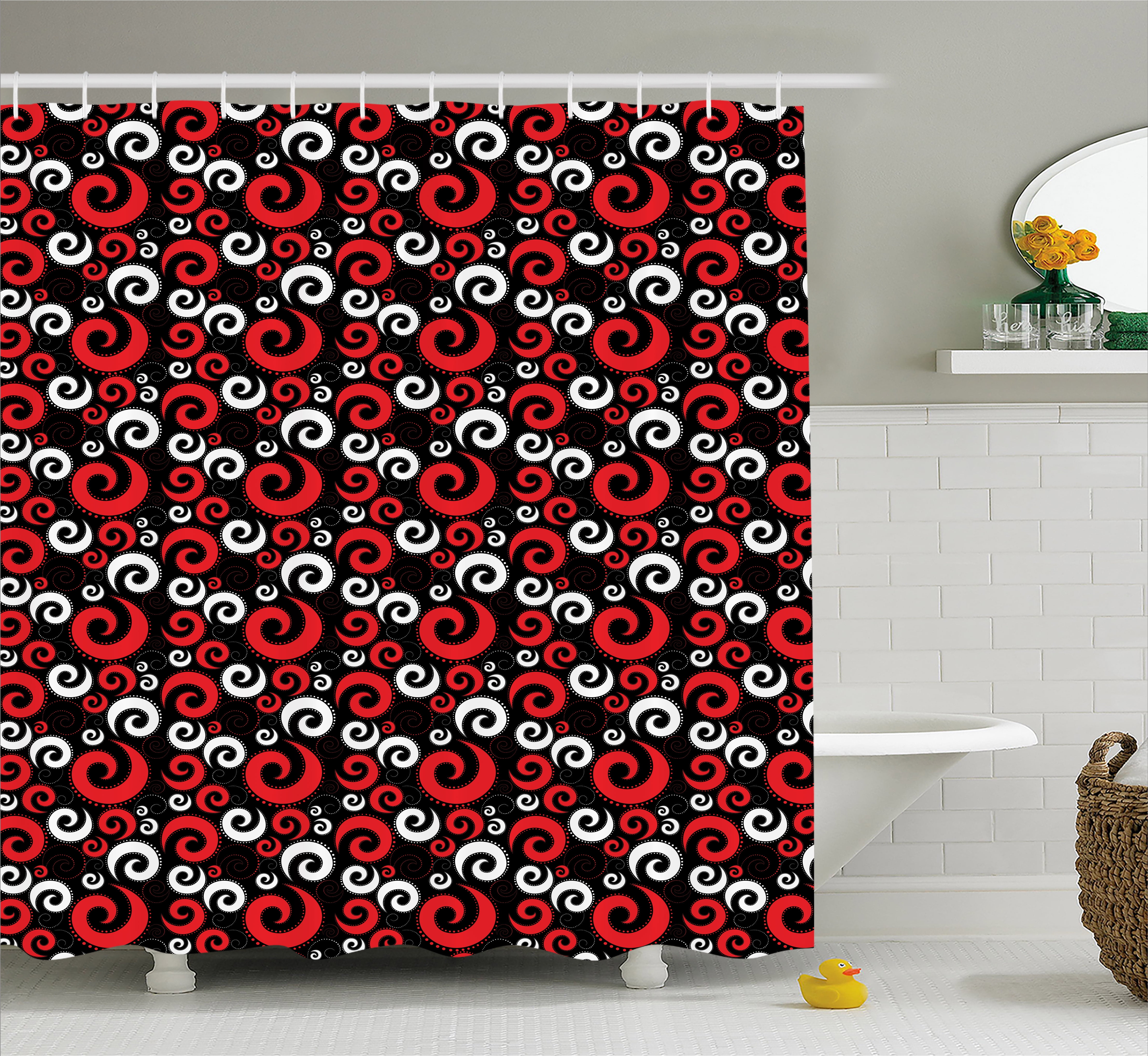 Red and Black Shower Curtain, Modern Pattern with Swirl Shapes and Dots